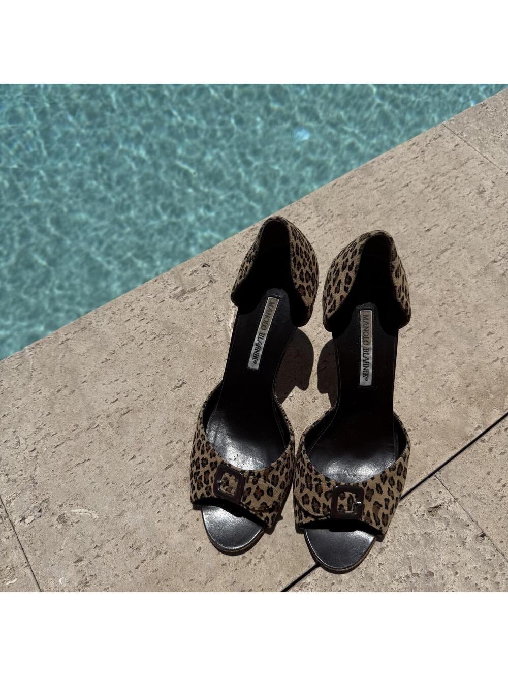 Vintage Manolo Blahnik Leopard Cheetah Print Open Toe Heels Carrie Bradshaw Y2K